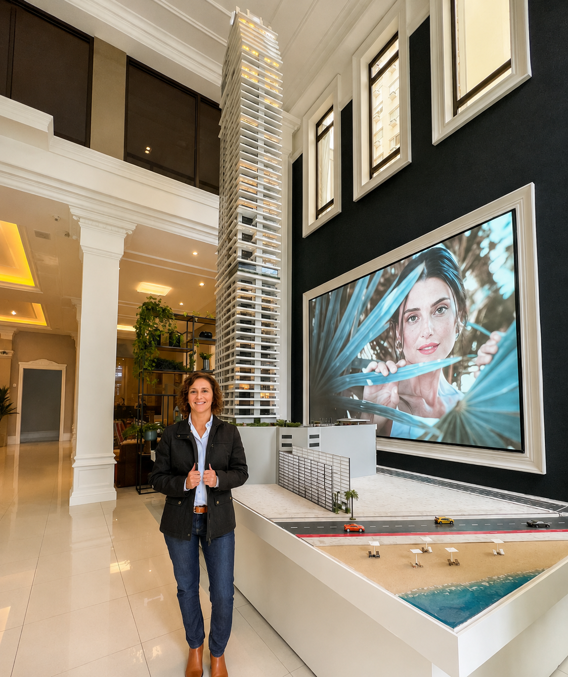 Liliana Martinez junto a una maqueta de un desarrollo inmobiliario
